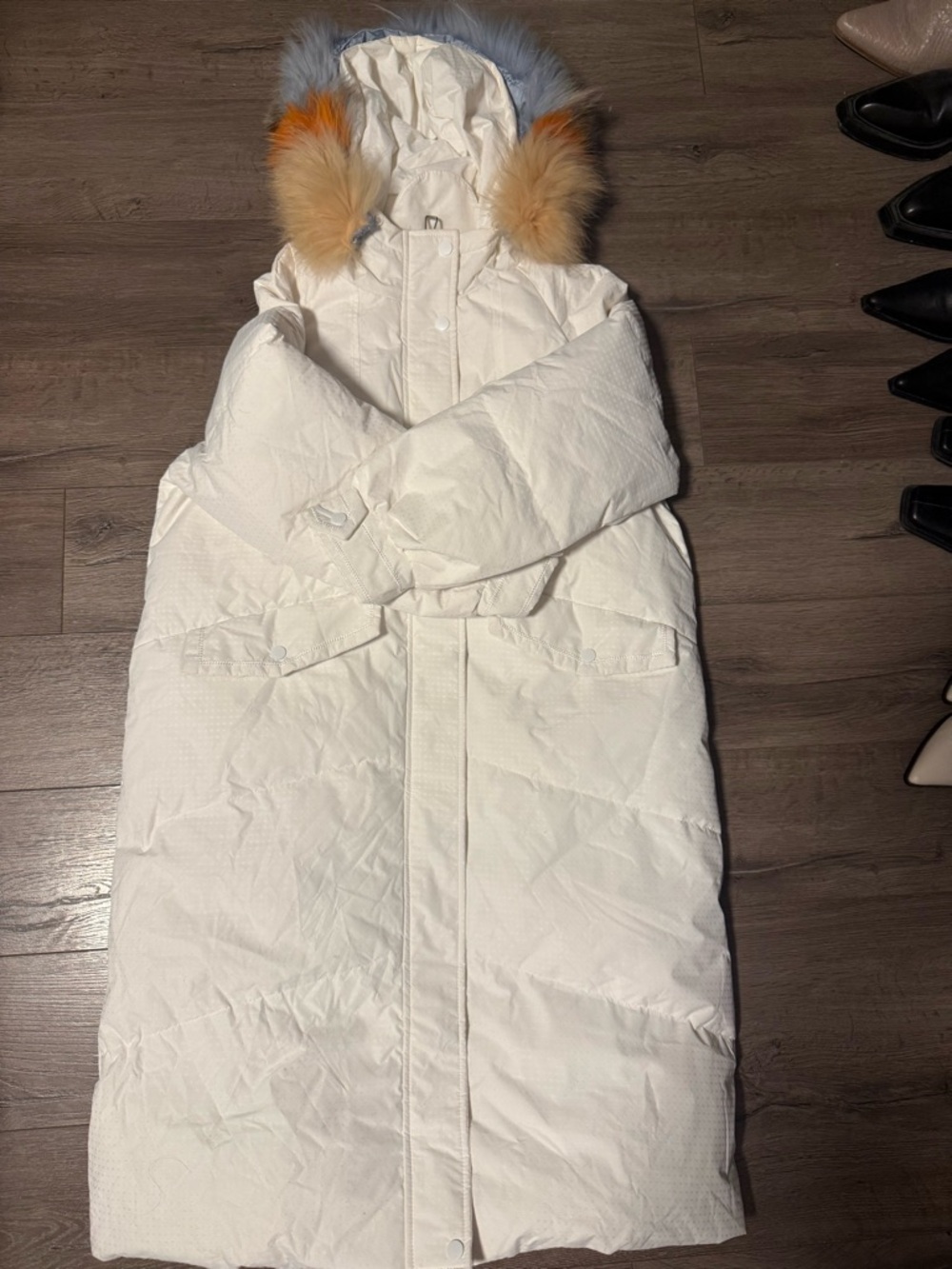 White Long Puffer Coat with Multicolor Fur Trim